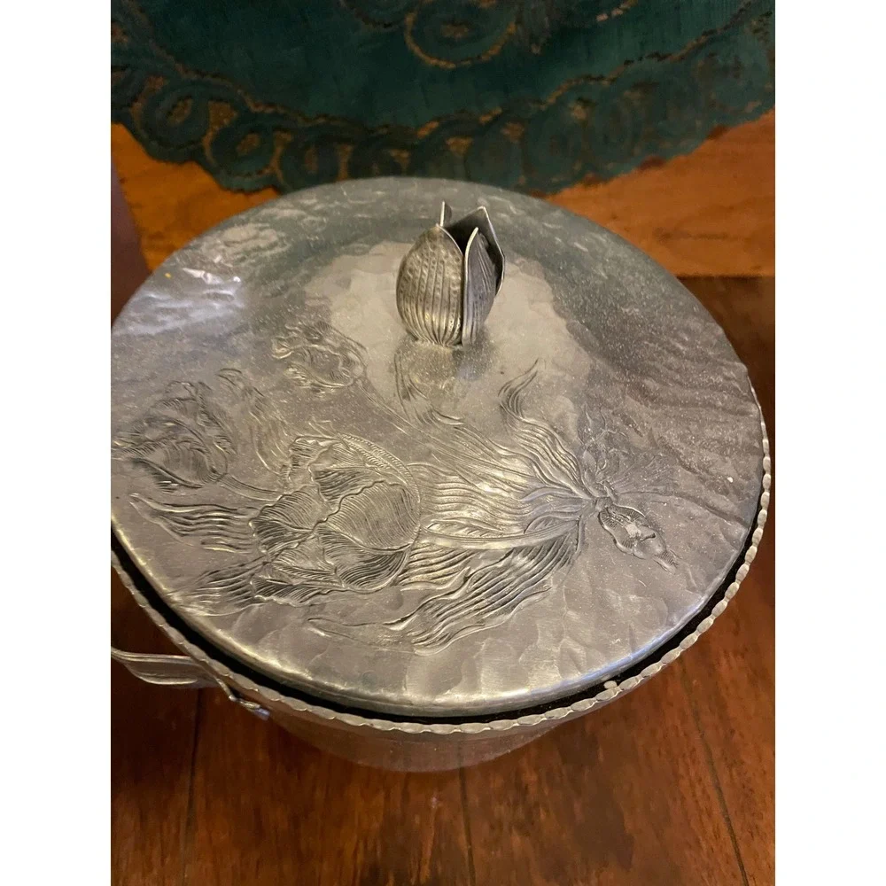 Antique Hammered Aluminum Ice Bucket Floral Tulip Lid Finial Mid Century Modern